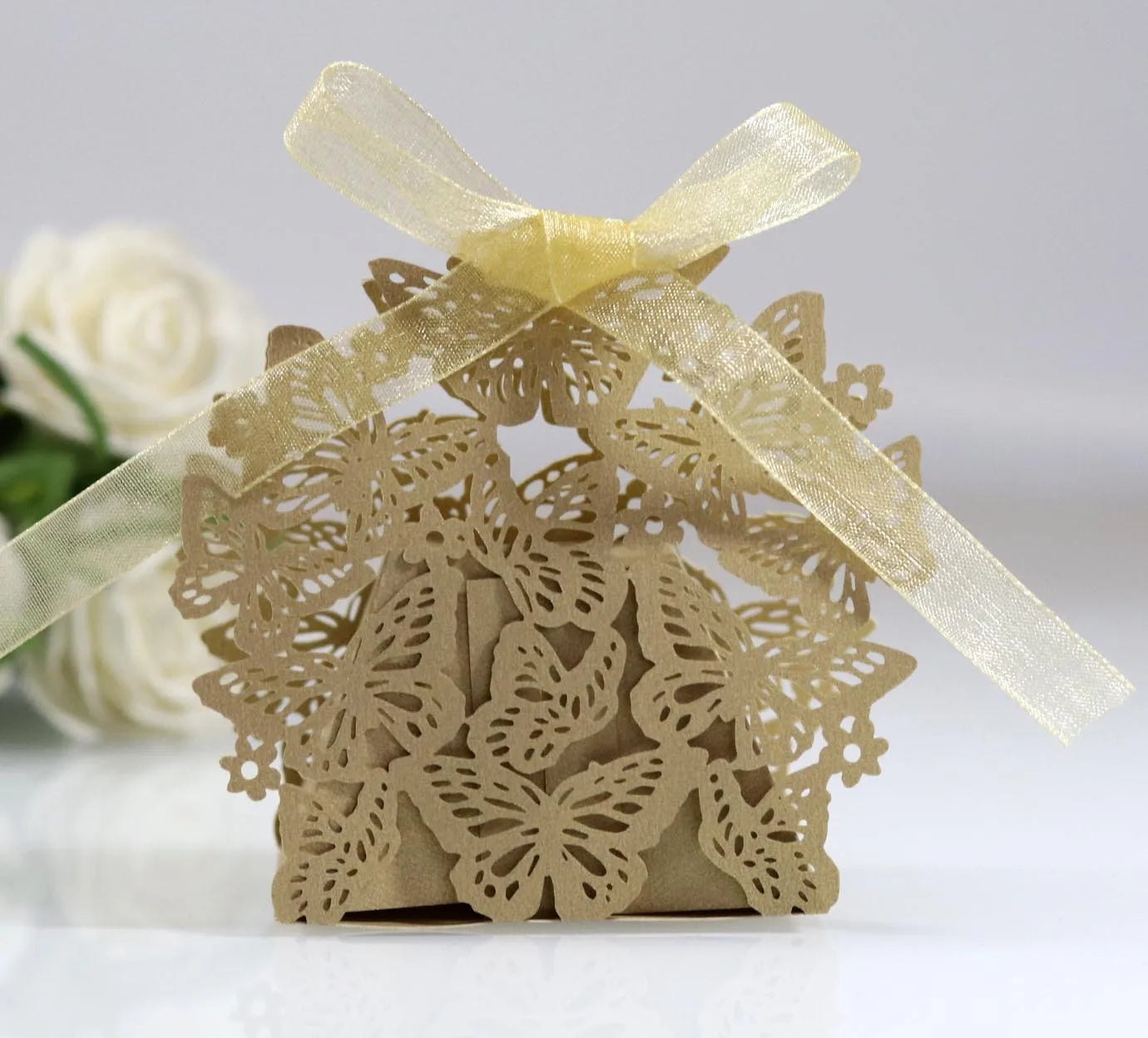 25/50pcs Laser Cut Butterfly Carriage Favor Gift Candy Box, available in different colors.
