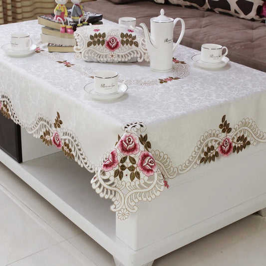 White Red Table Cloth with Lace Embroidered Floral Rectangular Tablecloth
