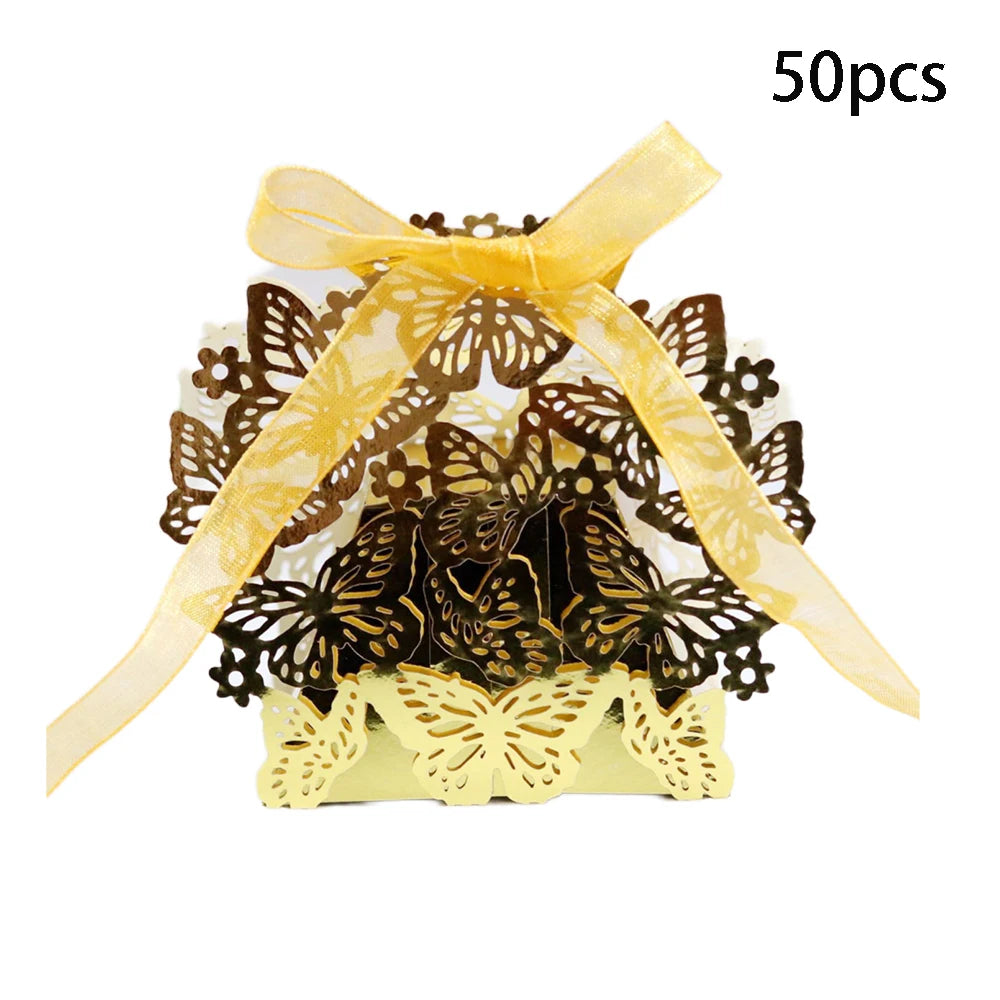 25/50pcs Laser Cut Butterfly Carriage Favor Gift Candy Box, available in different colors.