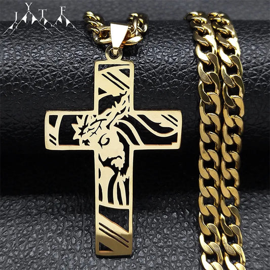 Jesus Cross Necklace for Men and women Stainless Steel Gold Necklaces. Christian Jewelry.