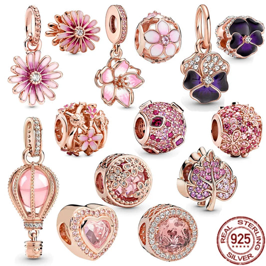 Sparkling Pink Daisy Flower & Cherry Blossom  Beads 925 Sterling Silver Fit Original Pandora Bracelet Women  Jewelry.