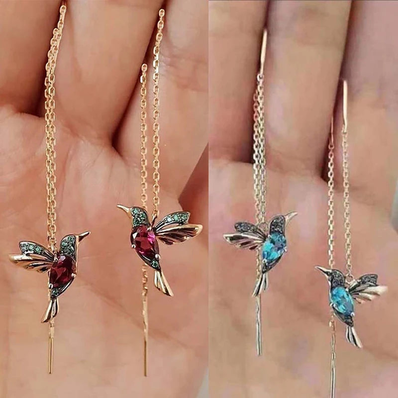 1pair Hummingbird Long Drop Earrings Flying Bird Pendant Tassel Crystal Pendant Drop Earrings Ladies Jewelry