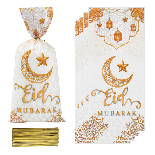 25/50/100pcs Eid Mubarak Gift Bags Plastic Cookie Candy Bag Ramadan Kareem 2024 Islamic Muslim Party Supplies Eid Al-fitr Gift