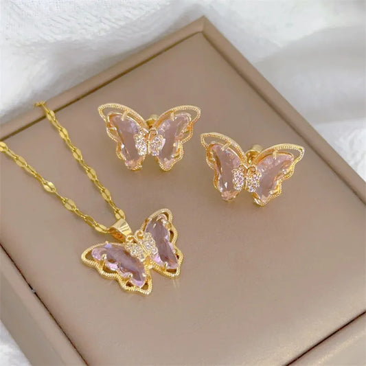 Cute Micro-inlaid Butterfly Necklace Earrings Set Classic Light Luxury Transparent Stainless Steel