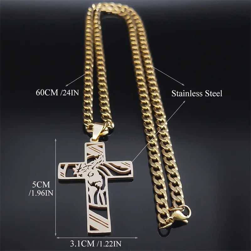 Jesus Cross Necklace for Men and women Stainless Steel Gold Necklaces. Christian Jewelry.