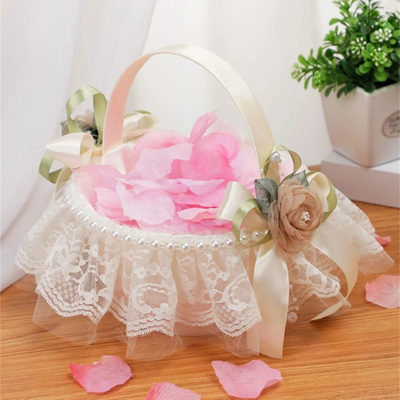 Wedding Flower Girl Basket Simple Lace Rose Flowers Baskets for Bridesmaid Candy Gift Basket Ceremony Bride Engagements